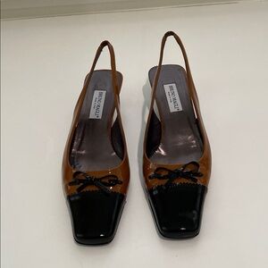 Bruno Magli Brown and Black Patent Slingback Pumps with Bow